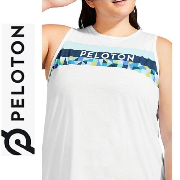PELOTON White Teal Spring Geo Slash Back Active Tank Medium NWT - Picture 1 of 14
